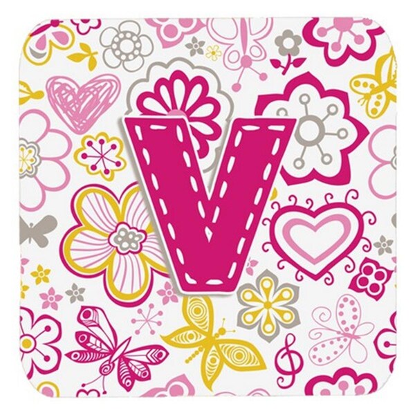 Carolines Treasures Letter V Flowers And Butterflies Pink Foam Coasters- Set of 4 - CJ2005-VFC