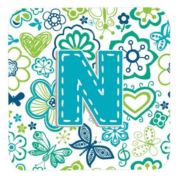 Carolines Treasures Letter N Flowers And Butterflies Teal Blue Foam Coasters- Set of 4 - CJ2006-NFC