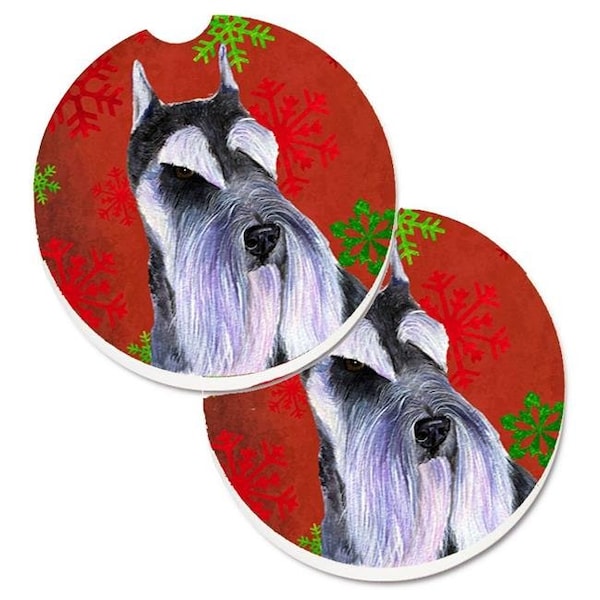 Carolines Treasures Carolines Treasures SS4684CARC Schnauzer Red & Green Snowflakes Holiday Christmas Set of 2 Cup Holder Car Coaster - SS4684CARC