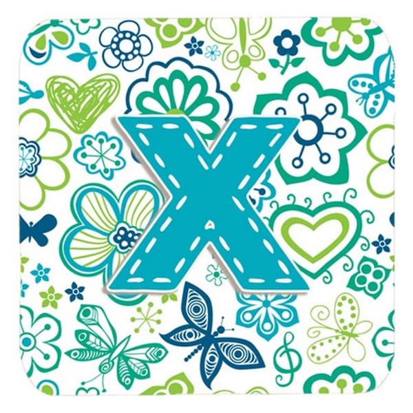 Carolines Treasures Letter x Flowers And Butterflies Teal Blue Foam Coasters- Set of 4 - CJ2006-XFC