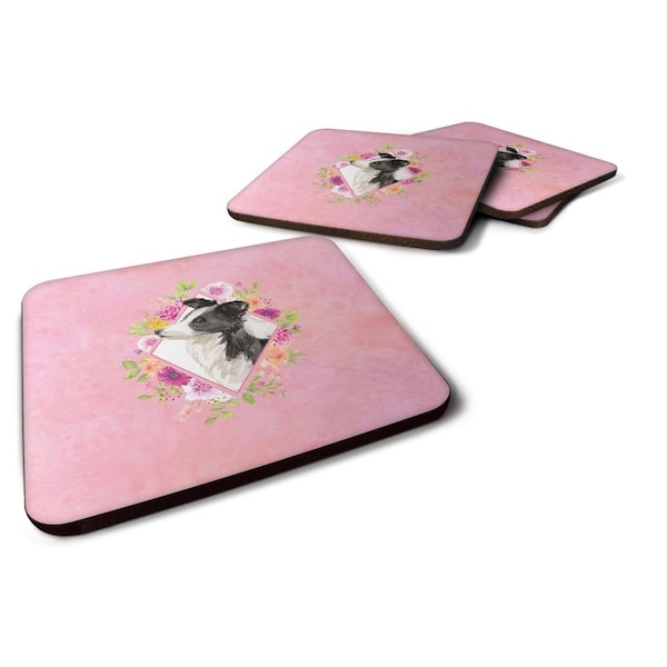 Carolines Treasures 3.5 x 3.5 in. Border Collie Pink Flowers Foam Coaster, 4PK - CK4258FC