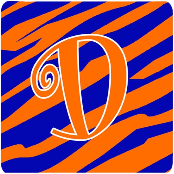 Carolines Treasures 3.5 x 3.5 in. Monogram Tiger Stripe Blue and Orange Foam Coasters Initial Letter D, 4PK - CJ1036-DFC