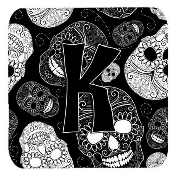 Carolines Treasures Letter K Day Of The Dead Skulls Black Foam Coasters- Set of 4 - CJ2008-KFC