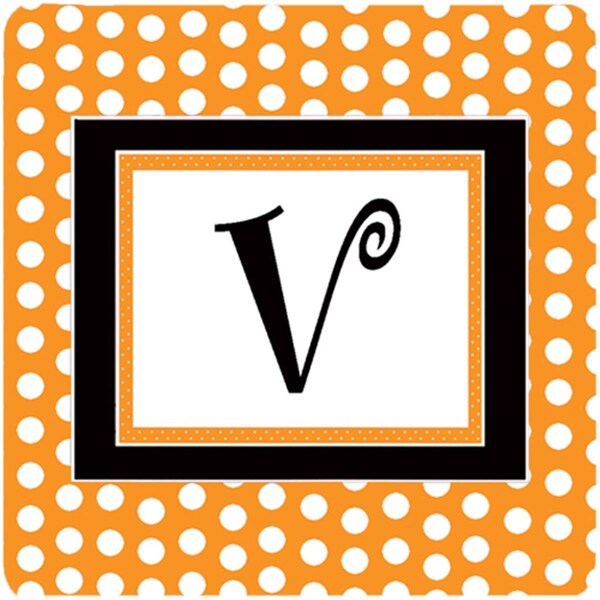 Carolines Treasures Set of 4 Monogram - Orange Polkadots Foam Coasters Initial Letter V - CJ1033-VFC