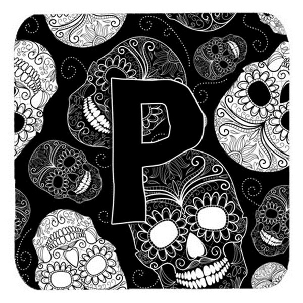 Carolines Treasures Letter P Day Of The Dead Skulls Black Foam Coasters- Set of 4 - CJ2008-PFC