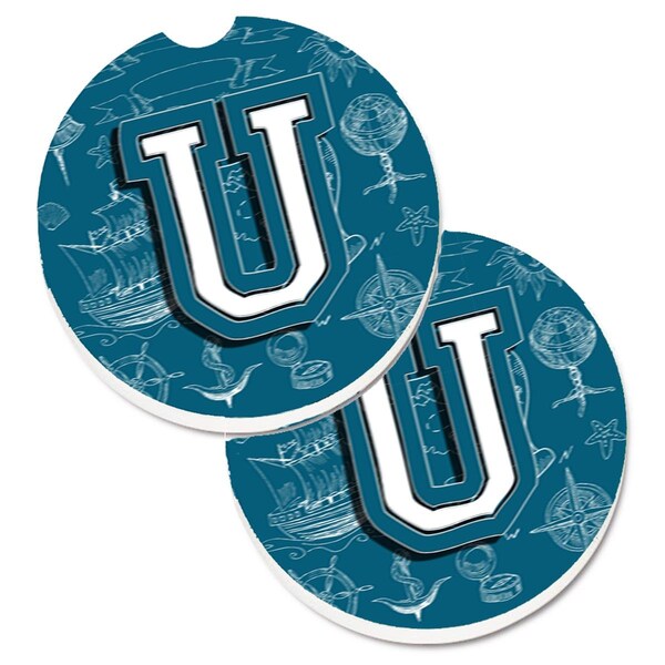 Carolines Treasures Letter U Sea Doodles Initial Alphabet Cup Holder Car Coaster, 2PK - CJ2014-UCARC