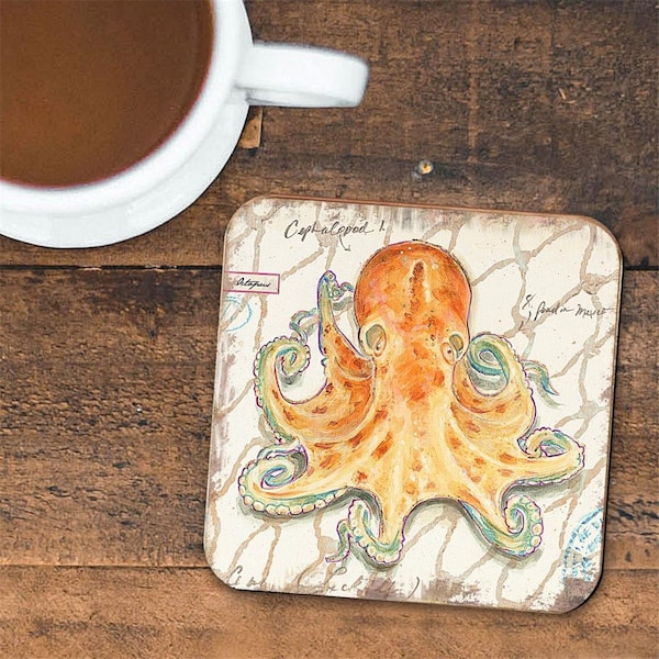 Nature Wonders 4 x 4 in. Octopus Coastal Wooden Cork Coasters Gift, 4PK - 8198626C-S4