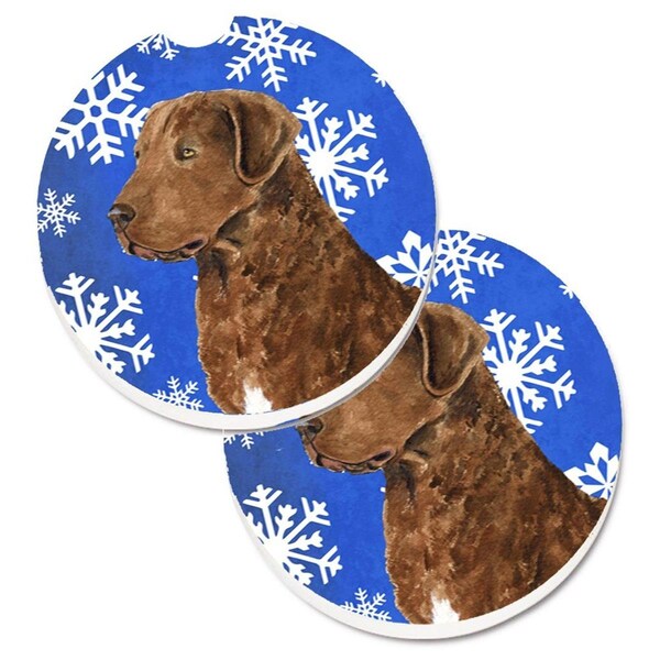Carolines Treasures Chesapeake Bay Retriever Winter Snowflakes Holiday Cup Holder Car Coaster, 2PK - SS4669CARC