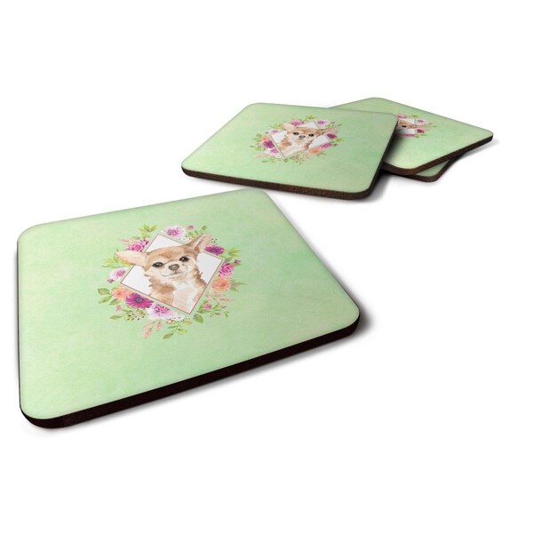 Carolines Treasures 3.5 x 3.5 in. Chihuahua Green Flowers Foam Coaster, 4PK - CK4405FC