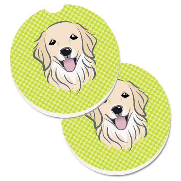 Carolines Treasures Checkerboard Lime Green Golden Retriever Cup Holder Car Coaster, 2PK - BB1267CARC