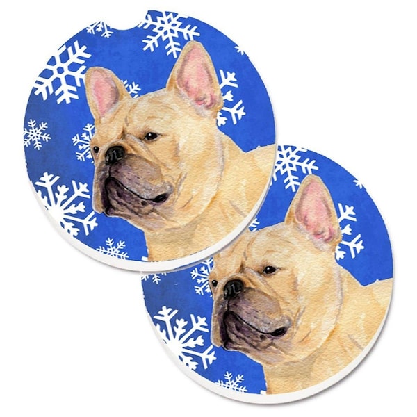 Carolines Treasures French Bulldog Winter Snowflakes Holiday Cup Holder Car Coaster, 2PK - SS4623CARC