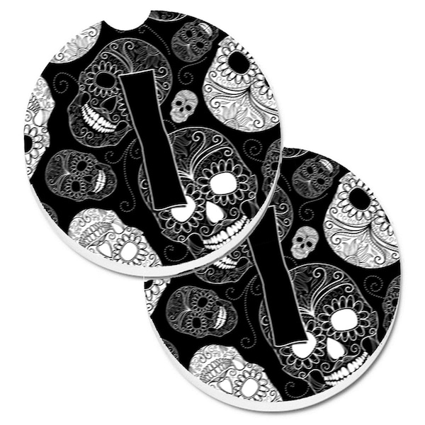 Carolines Treasures Letter I Day of the Dead Skulls Black Cup Holder Car Coaster, 2PK - CJ2008-ICARC