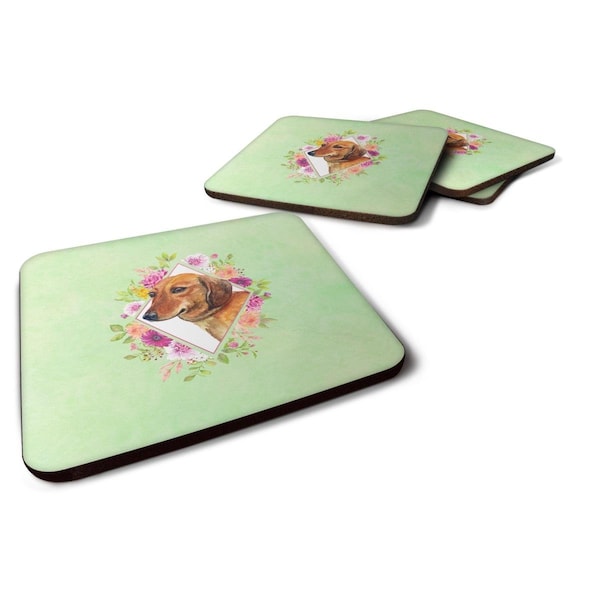 Carolines Treasures 3.5 x 3.5 in. Dachshund Red No.1 Green Flowers Foam Coaster, 4PK - CK4294FC
