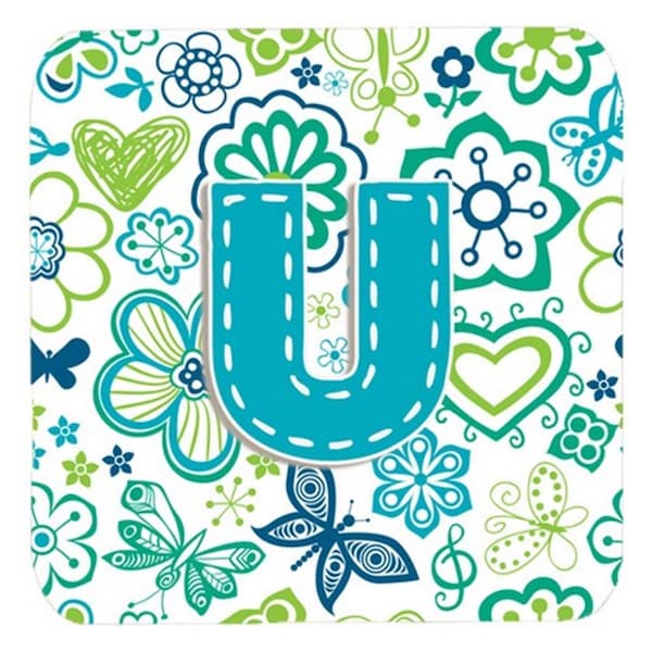 Carolines Treasures Letter U Flowers And Butterflies Teal Blue Foam Coasters- Set of 4 - CJ2006-UFC