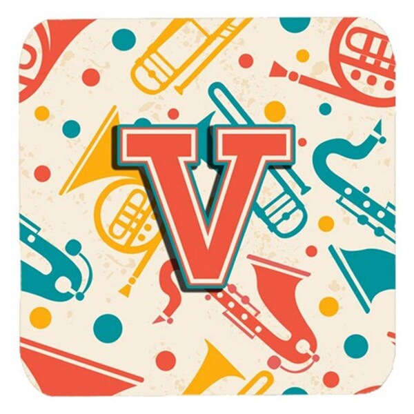 Carolines Treasures Letter V Retro Teal Orange Musical Instruments Initial Foam Coasters, 4PK - CJ2001-VFC