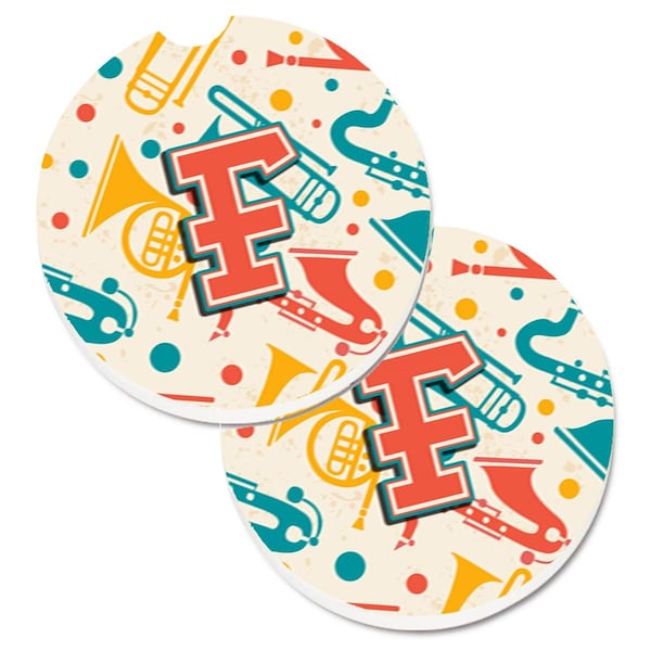 Carolines Treasures Letter F Retro Teal Orange Musical Instruments Initial Cup Holder Car Coaster, 2PK - CJ2001-FCARC