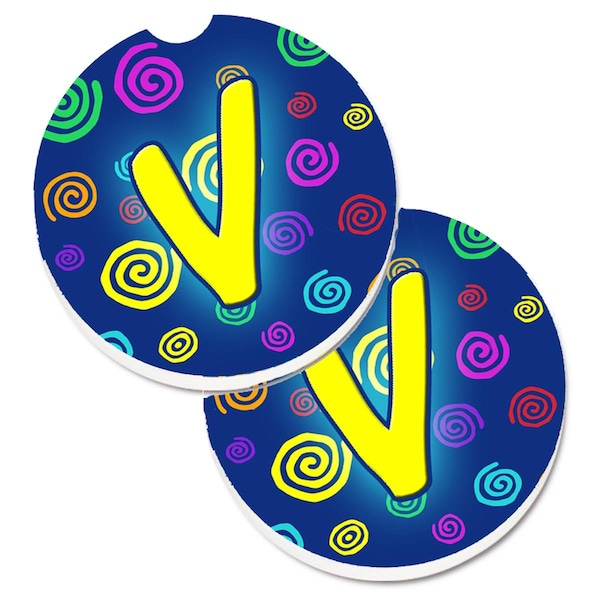 Carolines Treasures Letter V Initial Monogram Blue Swirls Cup Holder Car Coaster, 2PK - CJ1011-VCARC