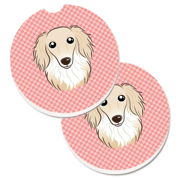 Carolines Treasures Checkerboard Pink Longhair Creme Dachshund Cup Holder Car Coaster, 2PK - BB1212CARC