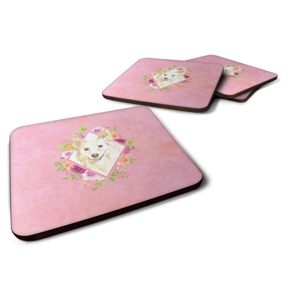 Carolines Treasures 3.5 x 3.5 in. White Collie Pink Flowers Foam Coaster, 4PK - CK4201FC