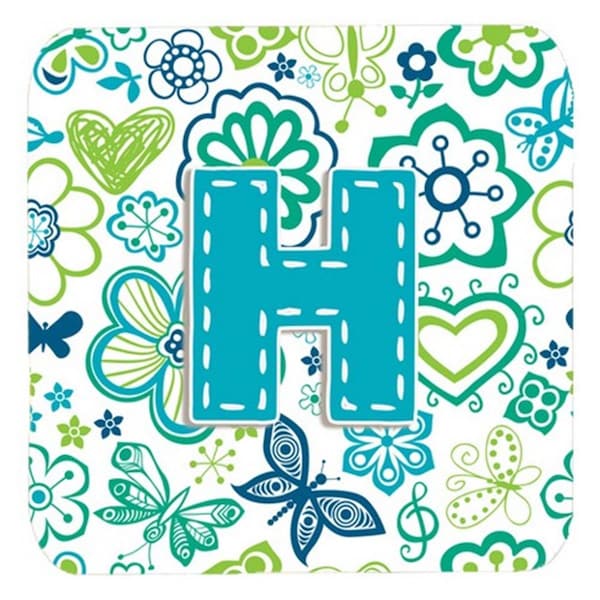 Carolines Treasures Letter H Flowers And Butterflies Teal Blue Foam Coasters- Set of 4 - CJ2006-HFC