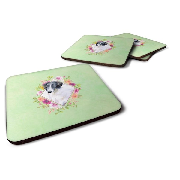 Carolines Treasures 3.5 x 3.5 in. Borzoi Green Flowers Foam Coaster, 4PK - CK4282FC