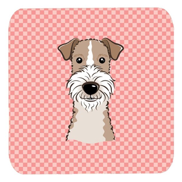 Carolines Treasures 3.5 x 3.5 In. Checkerboard Pink Wire Haired Fox Terrier Foam Coasters, 4PK - BB1247FC
