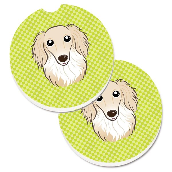 Carolines Treasures Checkerboard Lime Green Longhair Creme Dachshund Cup Holder Car Coaster, 2PK - BB1274CARC
