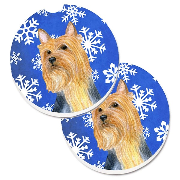 Carolines Treasures Silky Terrier Winter Snowflakes Holiday Cup Holder Car Coaster, 2PK - LH9271CARC