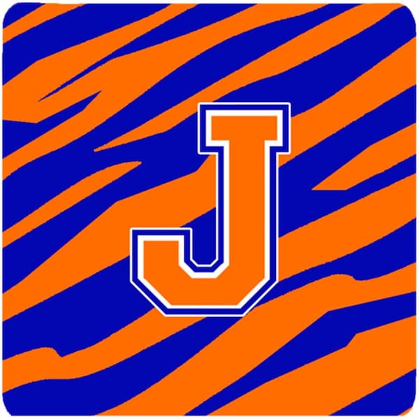 Carolines Treasures Monogram - Tiger Stripe - Blue Orange Foam Coasters Initial Letter J, 4PK - CJ1023-JFC