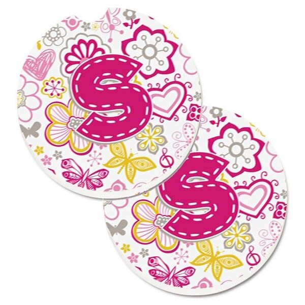 Carolines Treasures Carolines Treasures CJ2005-SCARC Letter S Flowers & Butterflies Pink Set of 2 Cup Holder Car Coaster - CJ2005-SCARC