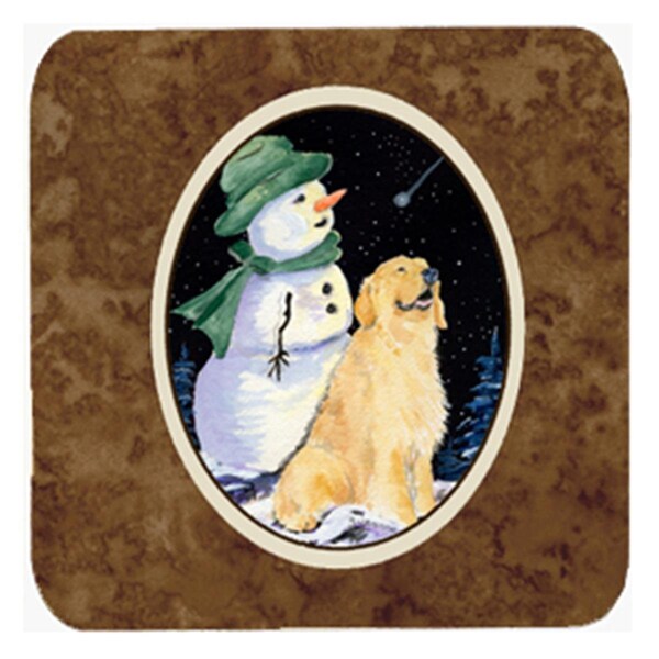 Carolines Treasures Golden With Snowman In Green Hat Retriever Foam Coasters- Set of 4 - SS8577FC