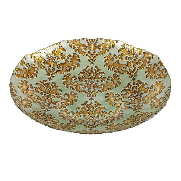 American Granby Damask 16 in. Turquoise Gold Shallow Bowl - 7733-6