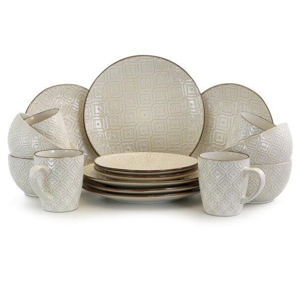 Elama Lily Luxurious Stoneware Dinnerware with Complete Setting for 4, White - 16 Piece - EL-WHITELILY