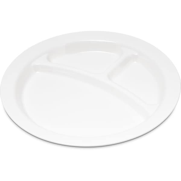 Carlisle Foodservice Polycarbon Rim 3-Comp Plate, 9", Wht, PK48 - PCD22002