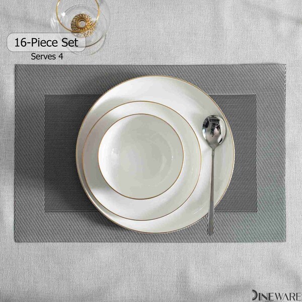 Dinewares Perlaceo Luxurious Collection of 16-Piece White with Gold Rim Bone China Dinnerware Set - - QI004761.16