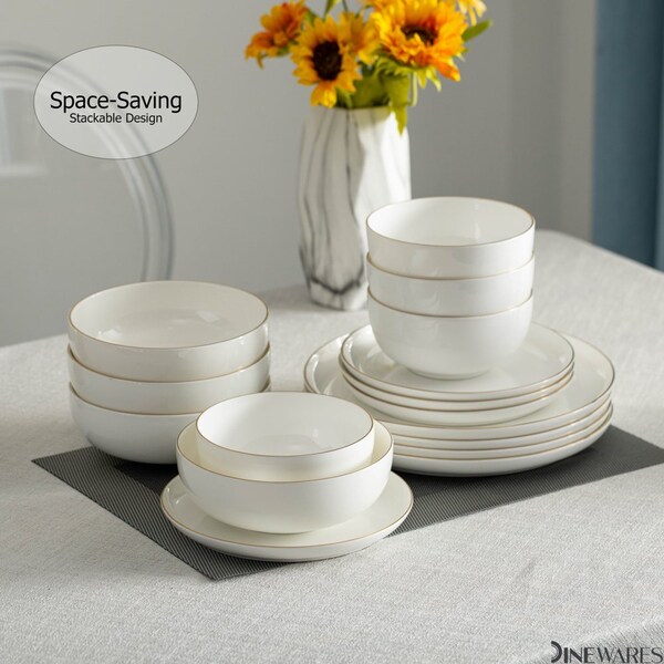 Dinewares Perlaceo Luxurious Collection of 16-Piece White with Gold Rim Bone China Dinnerware Set - - QI004761.16