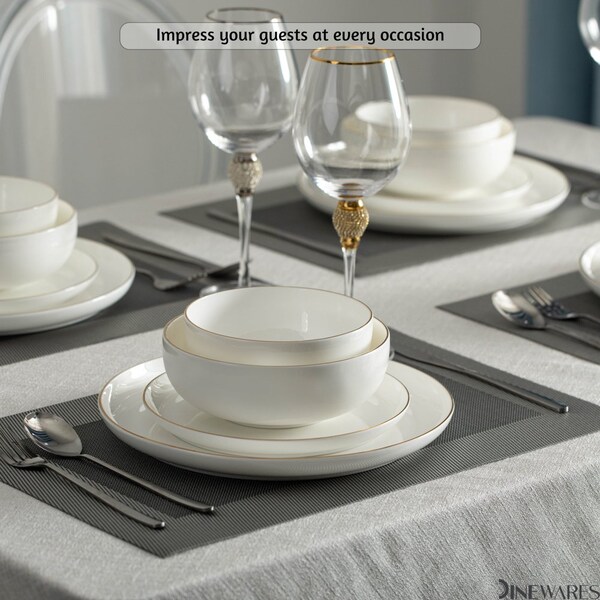 Dinewares Perlaceo Luxurious Collection of 16-Piece White with Gold Rim Bone China Dinnerware Set - - QI004761.16