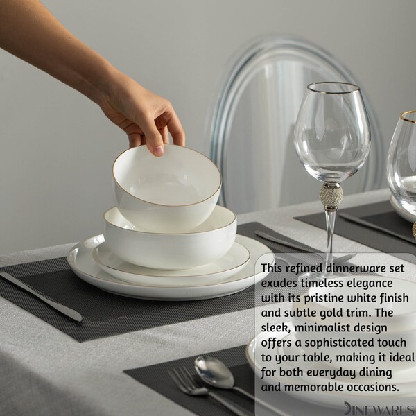 Dinewares Perlaceo Luxurious Collection of 16-Piece White with Gold Rim Bone China Dinnerware Set - - QI004761.16