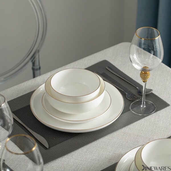 Dinewares Perlaceo Luxurious Collection of 16-Piece White with Gold Rim Bone China Dinnerware Set - - QI004761.16