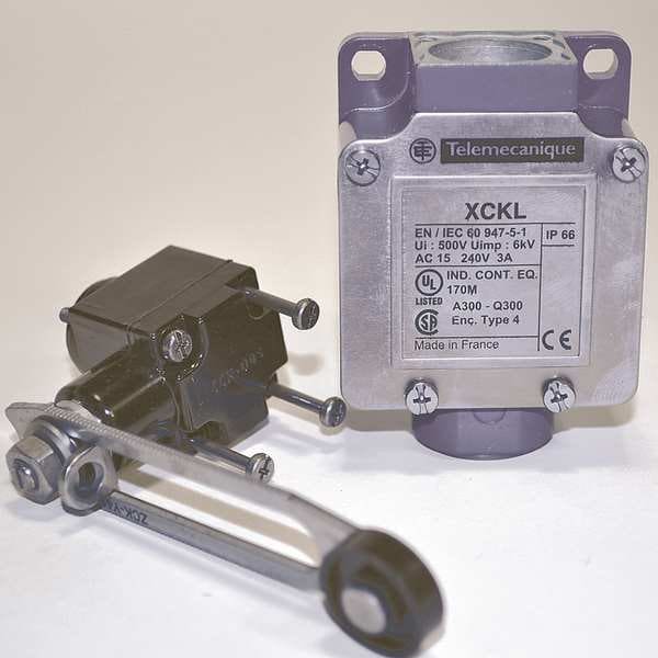 Interruptor de límite de sensores Telemecanique, palanca de rodillo, rotativo, 1NC/1NO, 10A @ 240V CA, ubicación del actuador: Lateral - XCKL141H7