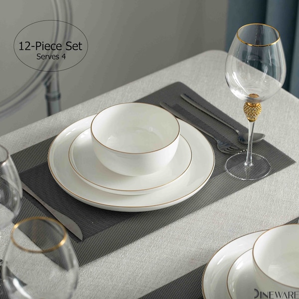 Dinewares Perlaceo Luxurious Collection of 12-Piece White with Gold Rim Bone China Dinnerware Set - - QI004761.12