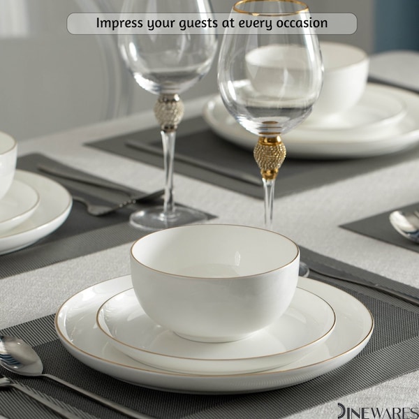 Dinewares Perlaceo Luxurious Collection of 12-Piece White with Gold Rim Bone China Dinnerware Set - - QI004761.12