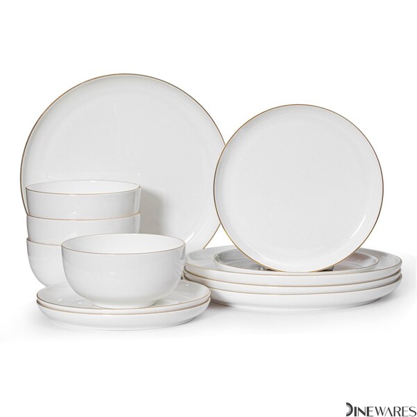 Dinewares Perlaceo Luxurious Collection of 12-Piece White with Gold Rim Bone China Dinnerware Set - - QI004761.12