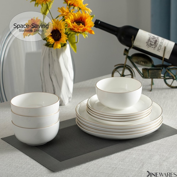 Dinewares Perlaceo Luxurious Collection of 12-Piece White with Gold Rim Bone China Dinnerware Set - - QI004761.12
