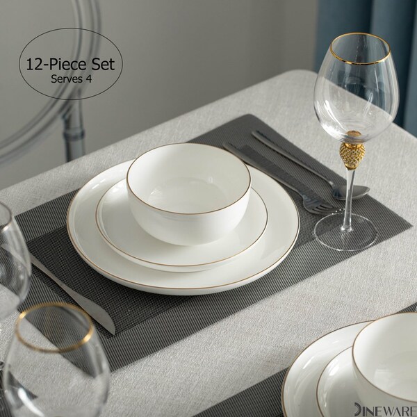 Dinewares Perlaceo Luxurious Collection of 12-Piece White with Gold Rim Bone China Dinnerware Set - - QI004761.12
