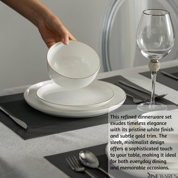 Dinewares Perlaceo Luxurious Collection of 12-Piece White with Gold Rim Bone China Dinnerware Set - - QI004761.12