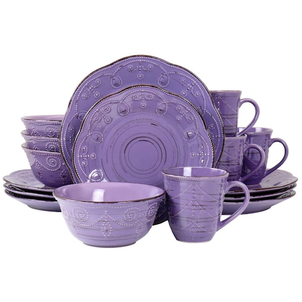 Elama Rustic Birch Stoneware Dinnerware Set, Purple - 16 Piece - EL-RUSTICBIRCHPUR