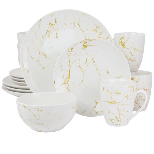 Elama Elama EL-FINEMARBLE-G Fine Marble Stoneware Dinnerware Set; Gold & White - 16 Piece - EL-FINEMARBLE-G
