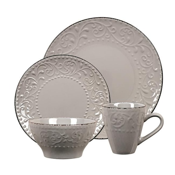 Lorren Home Trends Lorren Home Trends LH527 16 Piece Stoneware Scroll Dinnerware Set; Gray - LH527