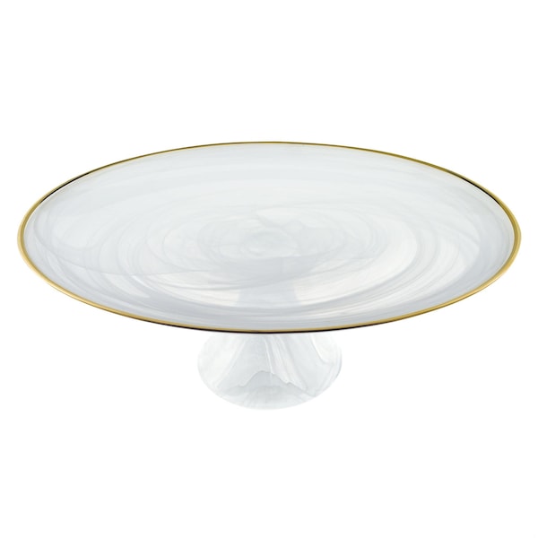 Homeroots Handcrafted Optical Glass & White Gold Footed Cakestand with Gold Rim - 376163